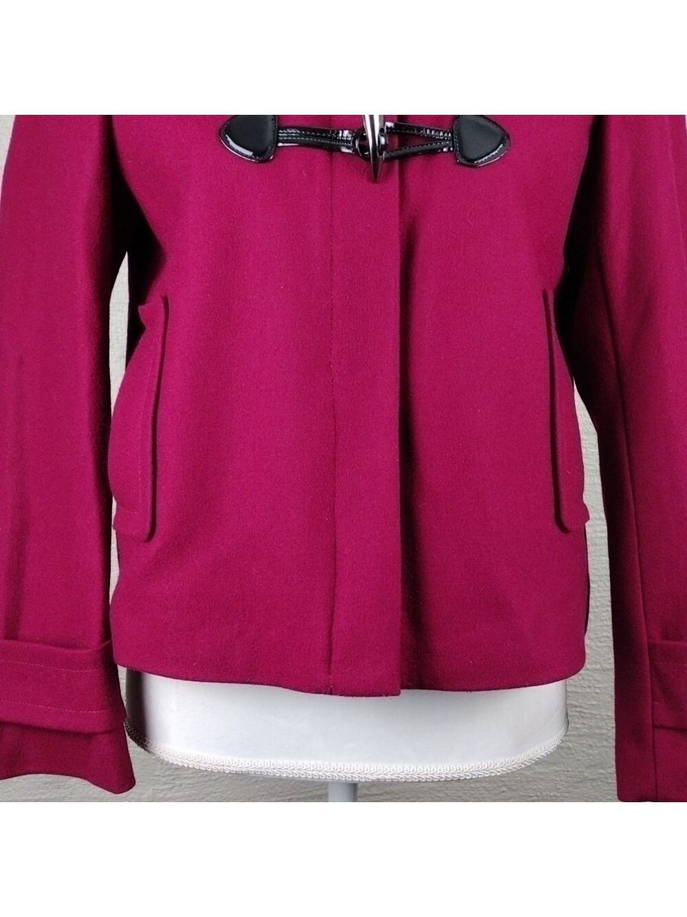 Calvin Klein Berry Wool Pointed Collar Long Cuffed Sleeve Toggle Zip Up Coat - Picture 3 of 15
